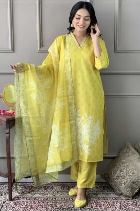 Muslin Yellow Straight Pant Suit in Printed SK155256