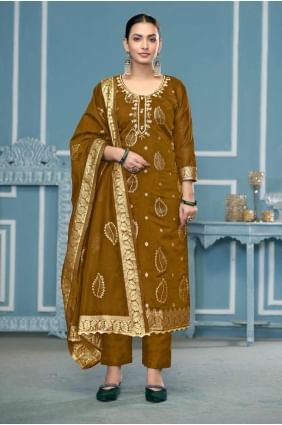 Mustard  Banarasi silk Embroidered Straight Pant Suit with Dupatta SK155327