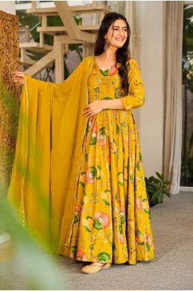 Mustard Gown Dress with Digital print Rayon GW1332