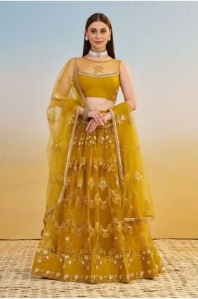 Embroidered Net Lehenga Choli in Mustard with Dupatta LC8537