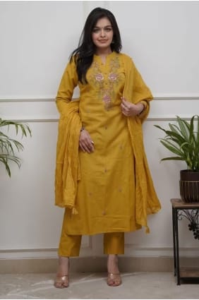 Silk Eid Salwar Kameez with Embroidered in Mustard SK156003