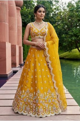 Mustard Tissue Embroidered Lehenga Choli with Dupatta LC9157