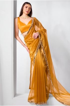 Mustard Mirror Lace Net Saree for Women SR29825