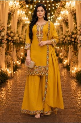Shimmer Embroidered Mustard Palazzo Suit with Dupatta PZ4491