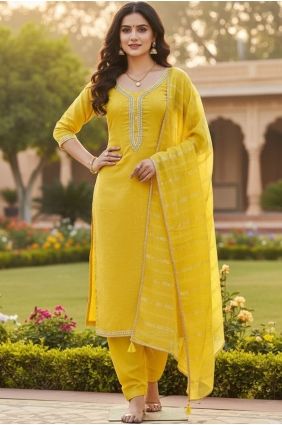 Chanderi Embroidered Mustard Salwar Kameez with Dupatta SK15683