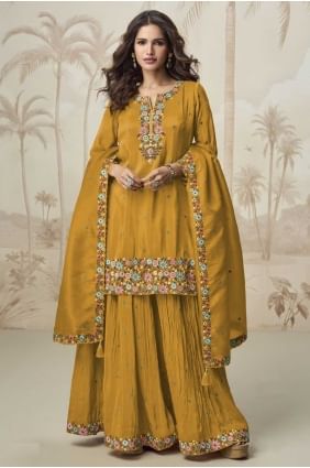 Embroidered Shimmer Palazzo Suit in Mustard with Dupatta PZ4180
