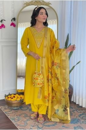 Mustard  Straight Pant Suit in Embroidered Rayon SK155505