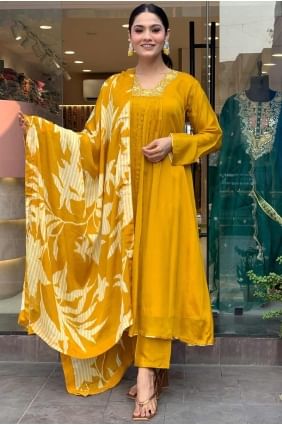 Mustard  Straight Suit in Chiffon with Embroidered SK155319