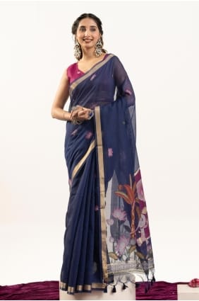 Navy blue Cotton Saree with Zari SR29595