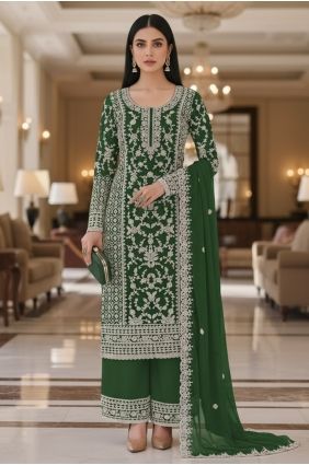 Embroidered Net Palazzo Suit in Green PZ4468