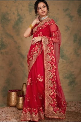 Embroidered Net Saree in Red SR29276