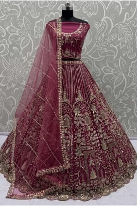 Lehenga Choli in Burgundy Net with Embroidered LC8792