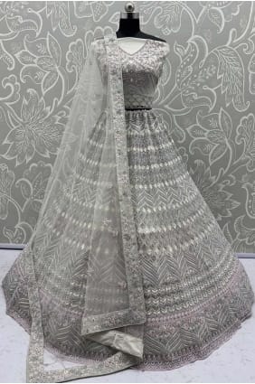 Embroidered Net Lehenga Choli in White with Dupatta LC8757