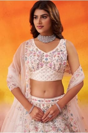 Embroidered Net Lehenga Choli in White with Dupatta LC8858