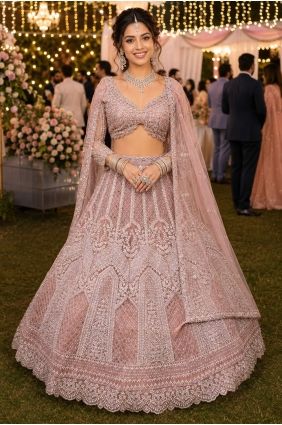 Pink Embroidered Lehenga Choli in Net LC9073