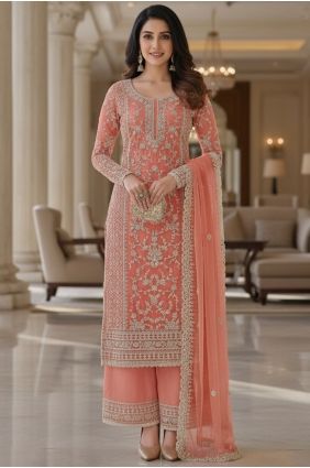 Net Palazzo Suit in Peach with Embroidered PZ4466