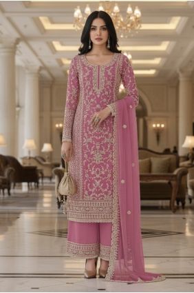 Embroidered Net Palazzo Suit in Pink with Dupatta PZ4475