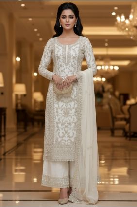 Embroidered Net Palazzo Suit in White with Dupatta PZ4465
