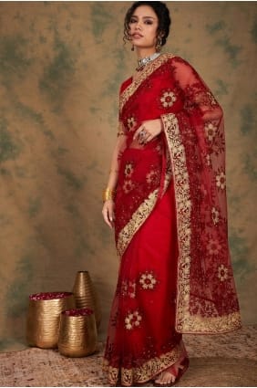 Maroon Embroidered Net Saree SR29277