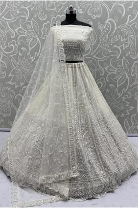 Net Stone with moti Lehenga Choli in White LC8715