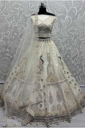 Net Wedding Lehenga Choli with Stone with moti in Off white  LC8313