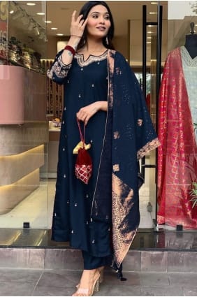 Cotton Embroidered Nevy blue Eid Salwar Kameez with Dupatta SK156013