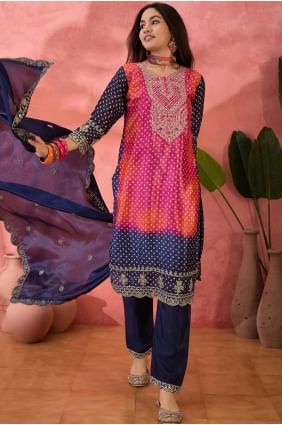 Nevy blue  Straight Pant Suit with Embroidered Chiffon SK155463