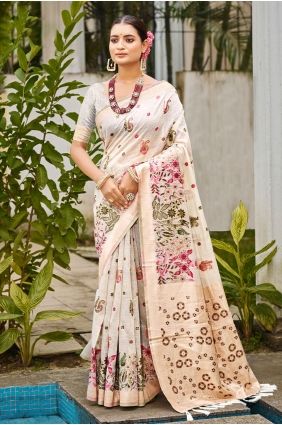 Off-White Embroidered Cotton Saree SR29841