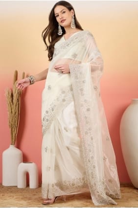 Net Party Wear Saree in Off white SR29313
