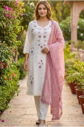 Salwar Kameez in Off white Chanderi silk with Hand SK15614