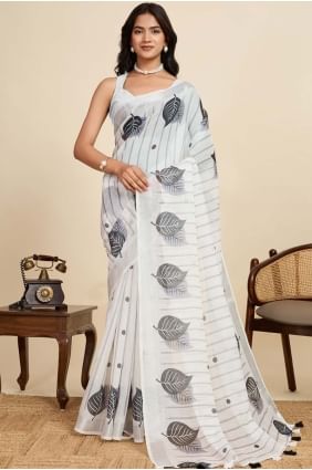Linen Off white Saree in Digital print SR28913