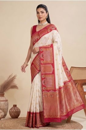 Zari Banarasi raw silk Off white Saree with Blouse SR30150