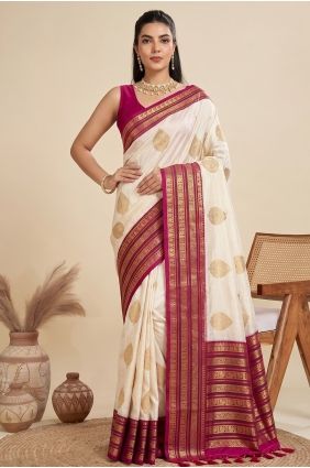 Saree in Off white Banarasi raw silk with Zari,thread SR30153