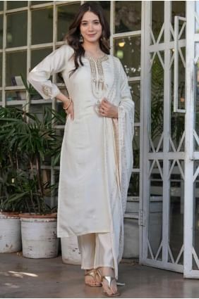 Off white  Straight Pant Suit in Chanderi with Embroidered SK155240