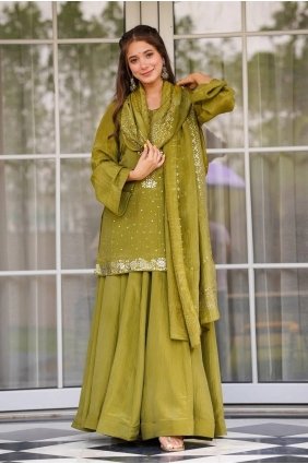 Crystal Chinon chiffon Olive Palazzo Suit with Dupatta PZ4574