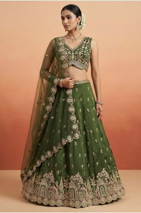 Chinon chiffon Lehenga Choli in Olive with Embroidered LC9237