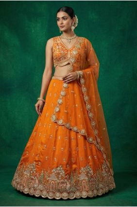 Embroidered Chinon chiffon Lehenga Choli in Orange LC9165