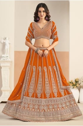 Faux georgette Orange Lehenga Choli with Embroidered LC8992