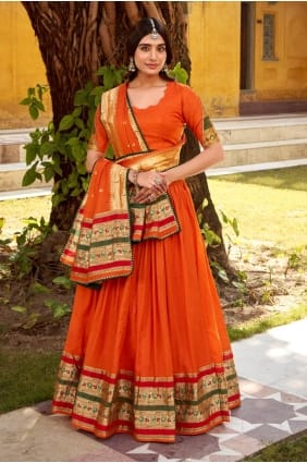 Orange Kundan Chanderi Lehenga Choli LC8899