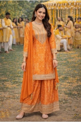 Silk Palazzo Suit in Orange with Embroidered PZ4322