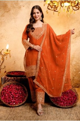 Embroidered Georgette Patiala Suit in Orange with Dupatta SK159227