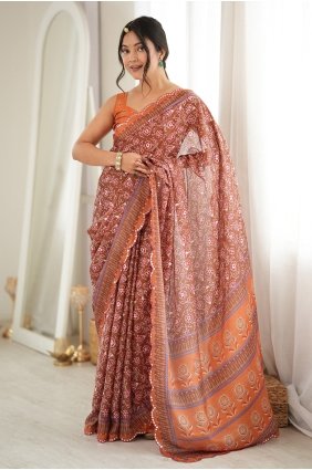 Chinon chiffon Saree with Mirror printed in Orange SR30277