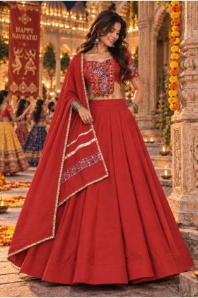 Orange Plain Lehenga Choli in Silk LC9288
