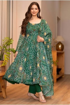Printed Anarkali Suit in Green Organza AS4227