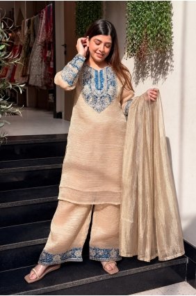 Organza Palazzo Suit with Embroidered in Cream PZ4577