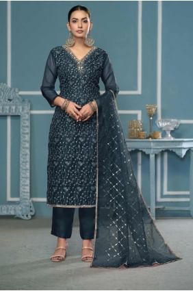 Organza Green Straight Pant Suit in Embroidered SK155335