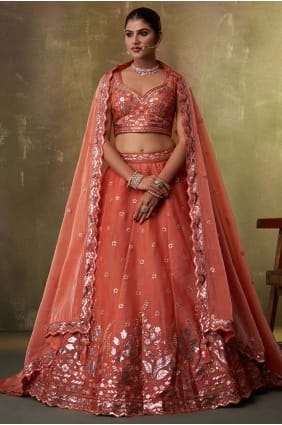 Organza Lehenga Choli with Embroidered in Rust LC8865