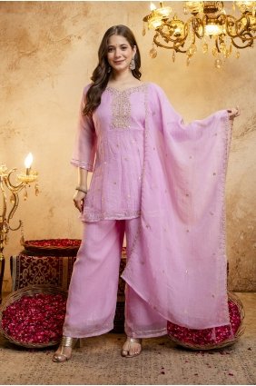 Organza Palazzo Suit with Embroidered in Pink PZ4547
