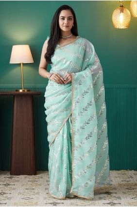 Organza Saree with Printed in Sea green SR28714