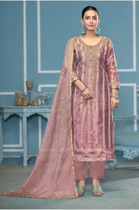 Organza Straight Pant Suit with Embroidered in Purple SK155323